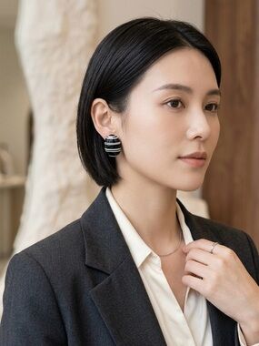 Monies Vintage  White Striped Statement Oval Dome Earrings